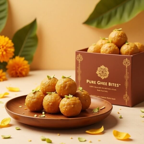 Side view of healthy moong dal laddoo in a traditional bowl