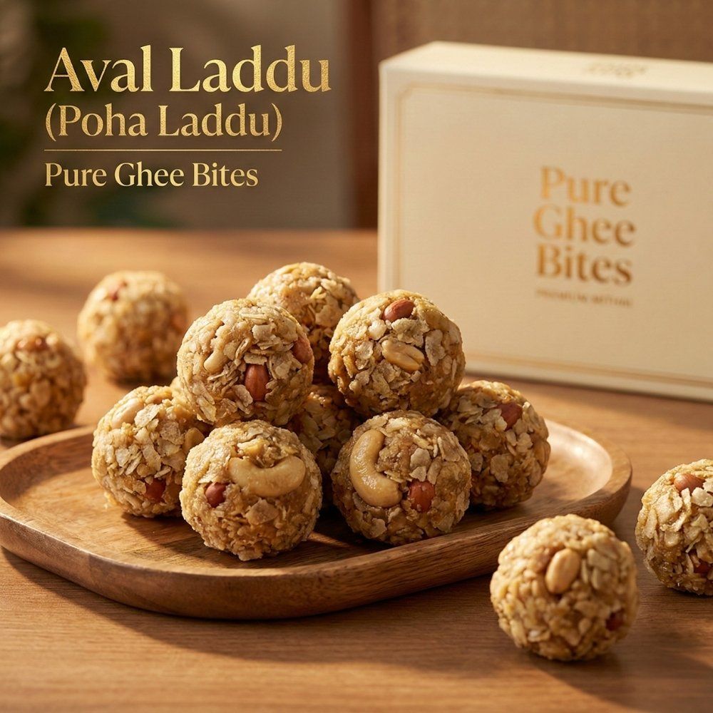 Aval poha laddu made with flattened rice pure ghee and jaggery