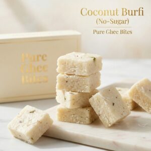 No sugar coconut burfi made with fresh coconut and natural sweeteners