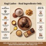 Ragi ladoo ingredients including finger millet, pure ghee, jaggery and dry fruits
