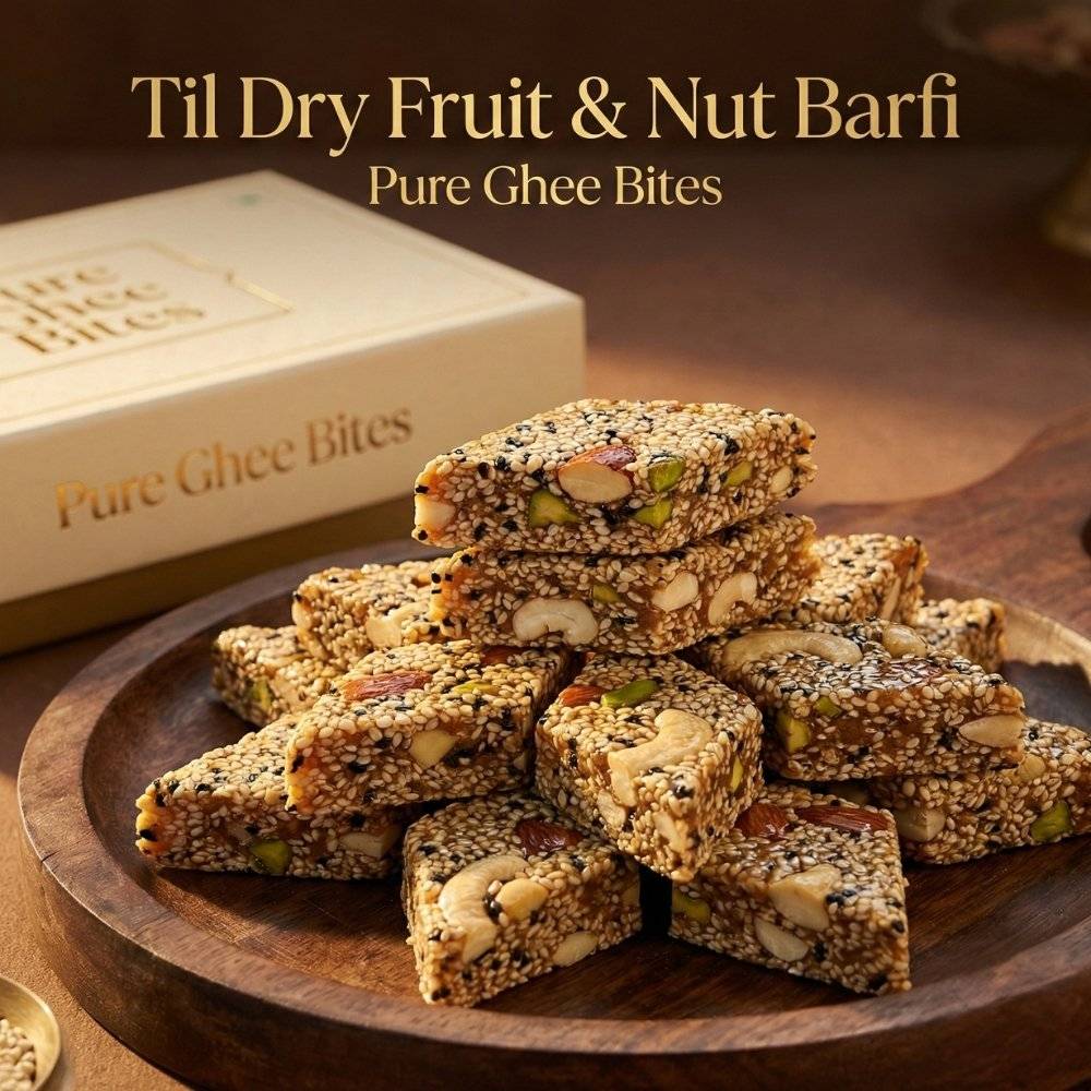 Til dry fruit and nut barfi made with sesame jaggery and mixed nuts